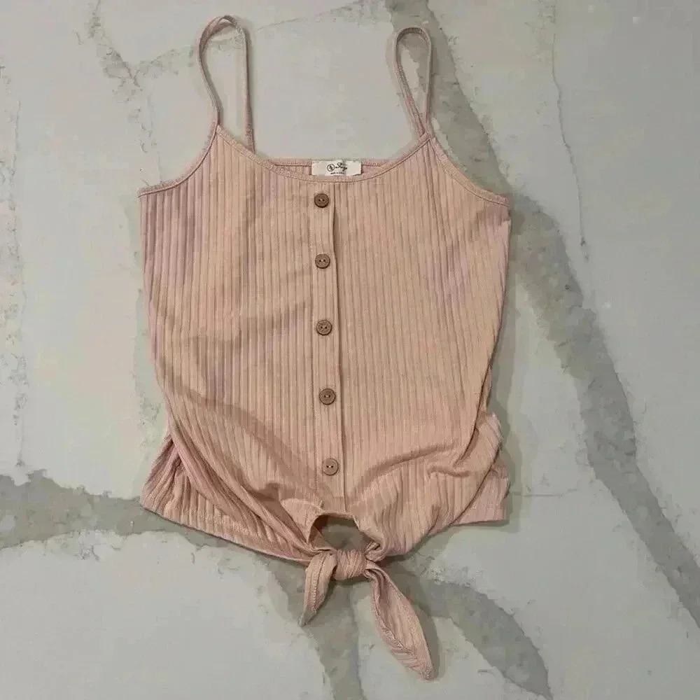 be Stage Pink Button Up Tie Front Cropped Ribbed Tank Top Women’s Size Medium